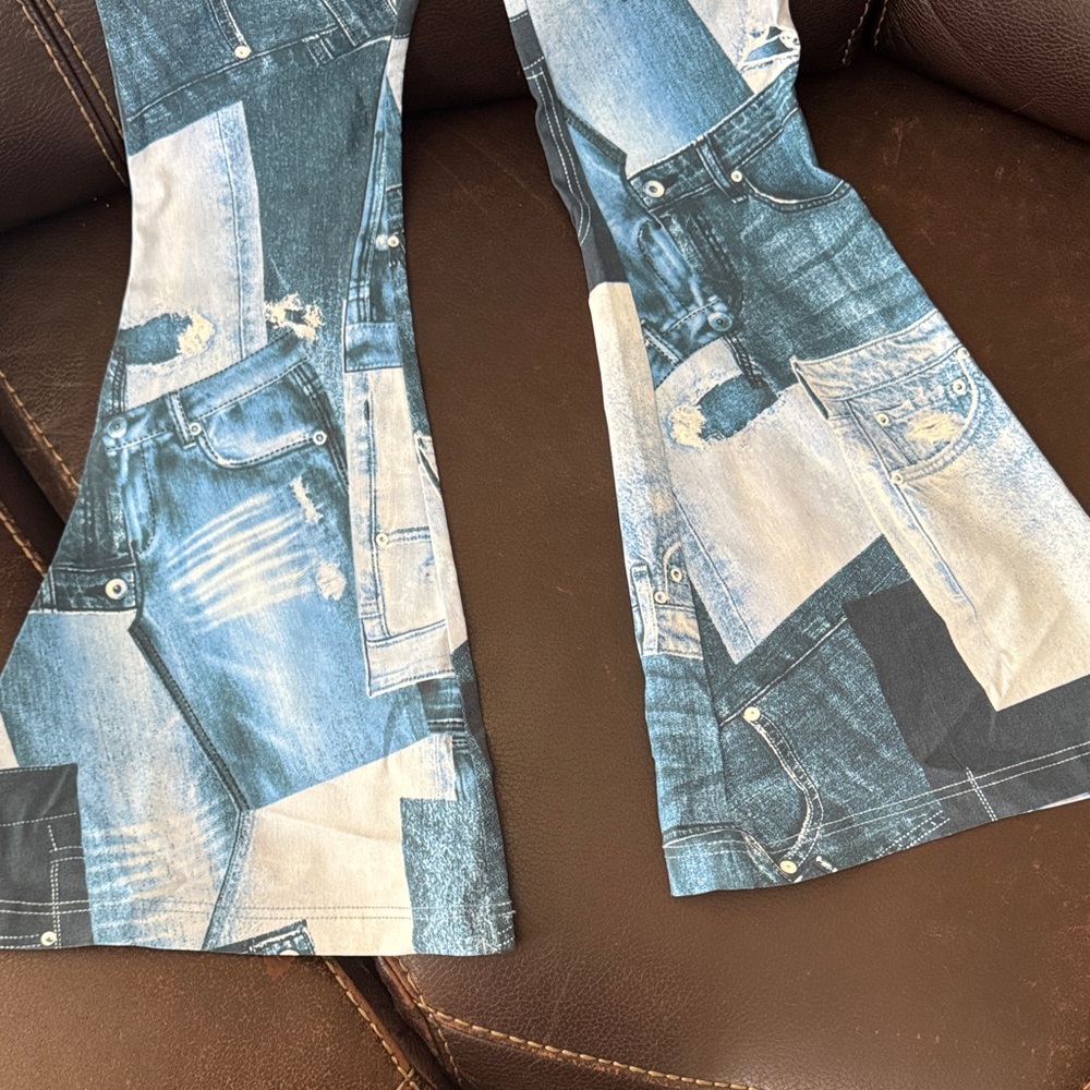 Patchwork Denim Print Flared Pants - image 3